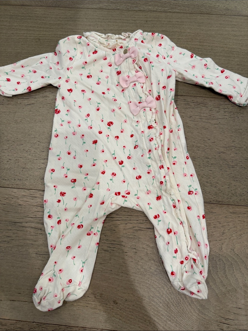 kate spade Cream Floral Footed One-Piece with Pink Bows